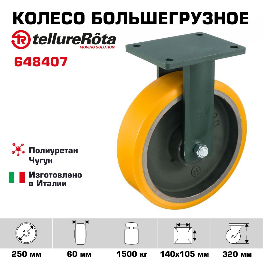 Колесо большегрузное полиуретановое неповоротное Tellure Rota 648407 диаметр 250 мм, нагрузка 1500 кг, чугунное