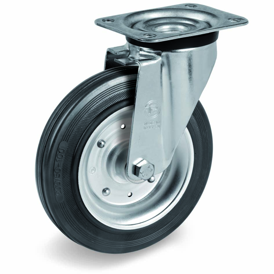 Колесо Tellure Rota 053344 поворотное, Ø 200 мм, нагрузка 230 кг, черная резина, сталь