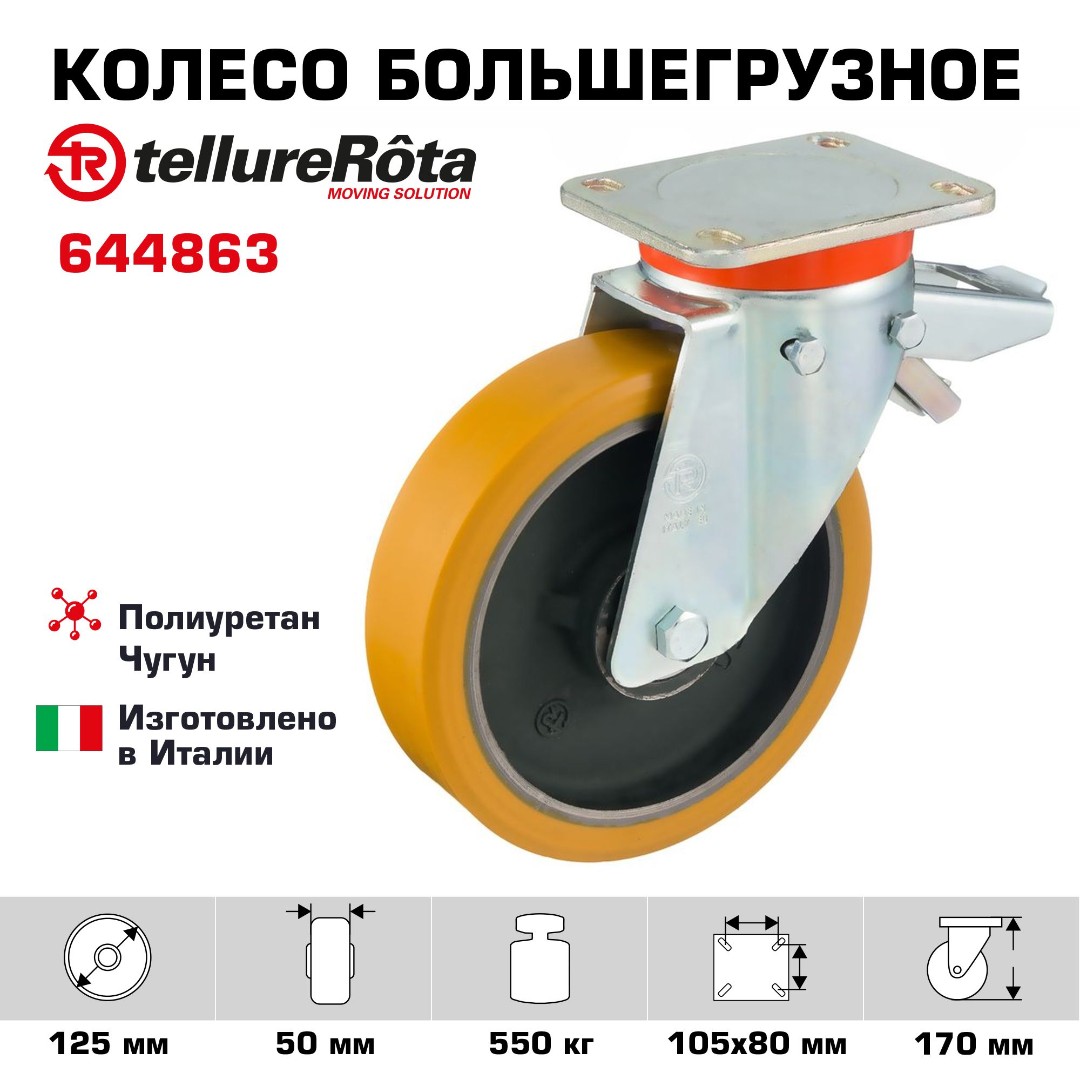 Колесо большегрузное полиуретановое без кронштейна Tellure Rota 644863, диаметр 125 мм, нагрузка 550 кг, чугунное