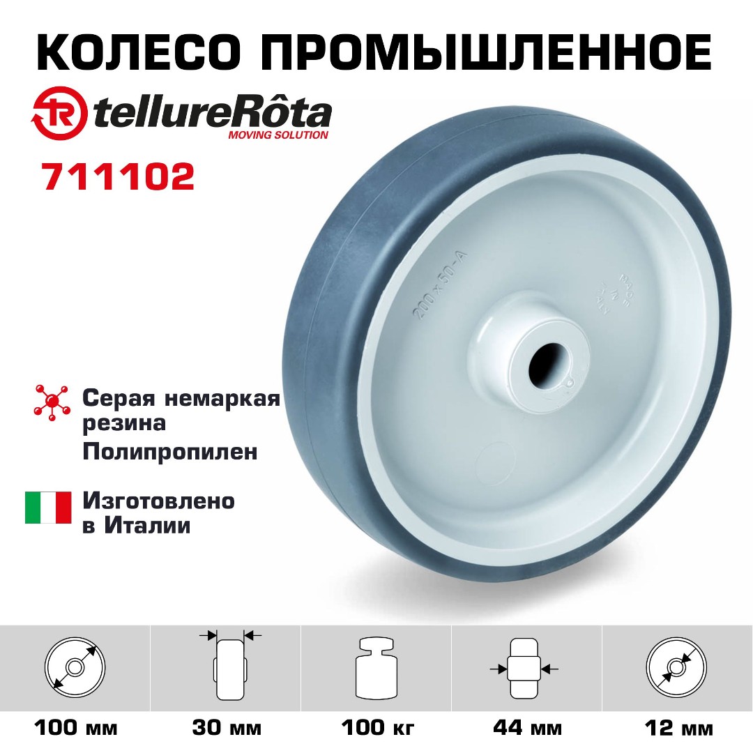 Колесо промышленное 100 мм Tellure Rota 711102 под ось, нагрузка 100 кг, термопластичная серая резина, полипропилен