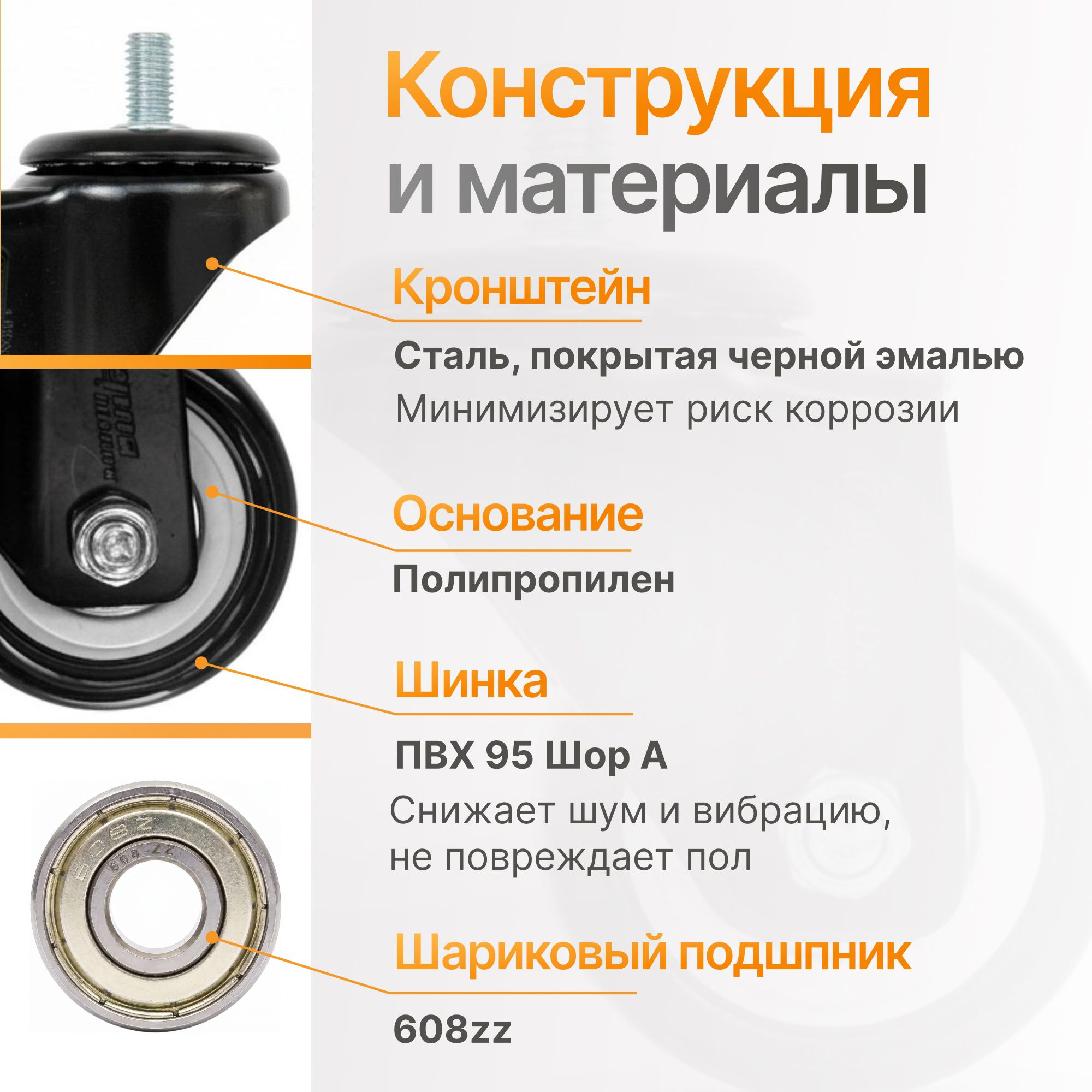 Аппаратное колесо поворотное Стелла-техник 3306-40 (40 мм, 40 кг, на штыре M8, мебельное)