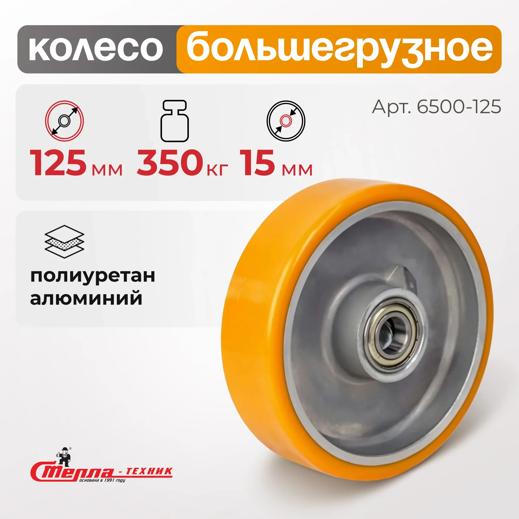 Большегрузное полиуретановое колесо без опоры Стелла-техник 6500-125 (125 мм, 350 кг, под ось 15, обод алюминий)