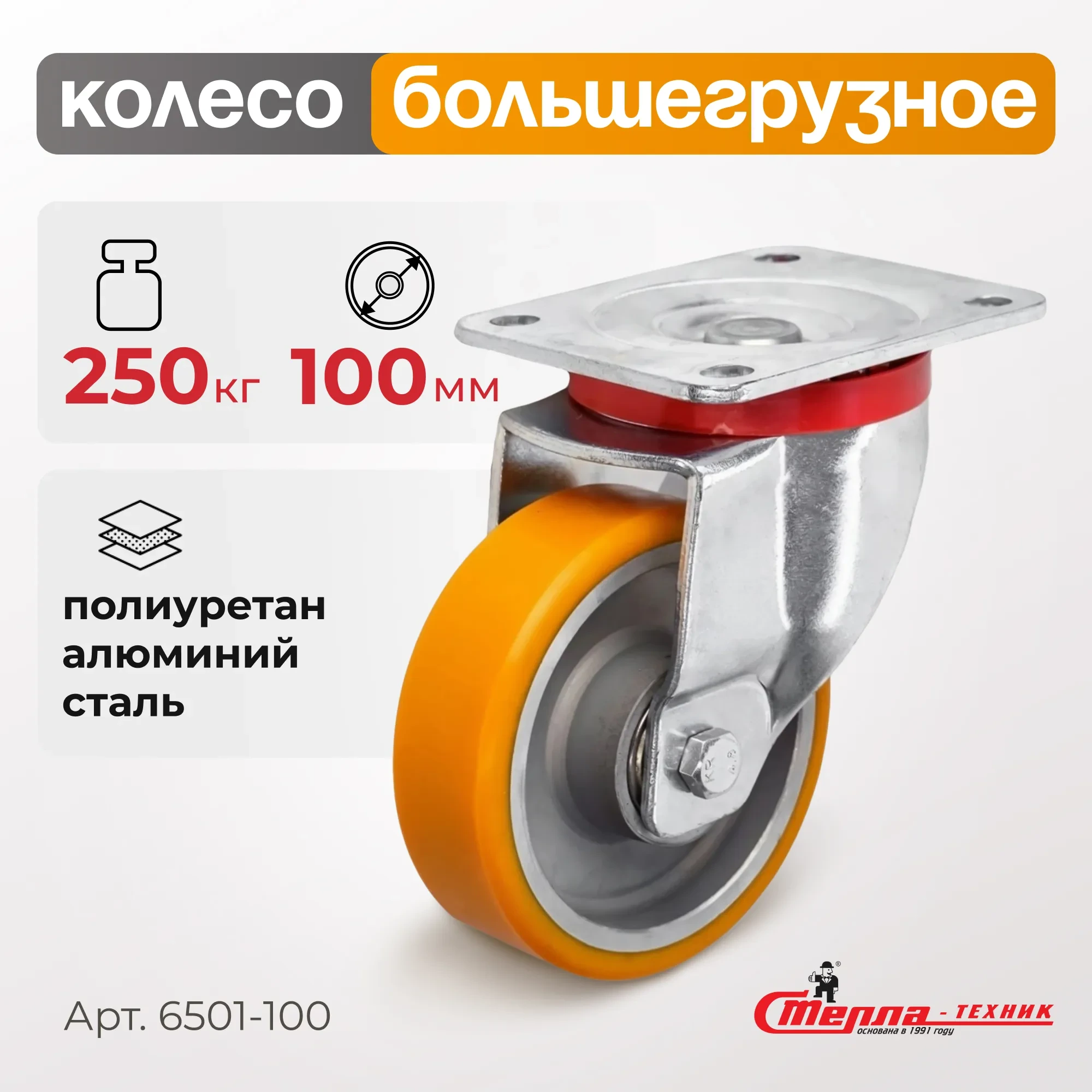 Большегрузное полиуретановое колесо поворотное Стелла-техник 6501-100 (100 мм, 250 кг, с площадкой, обод алюминий)