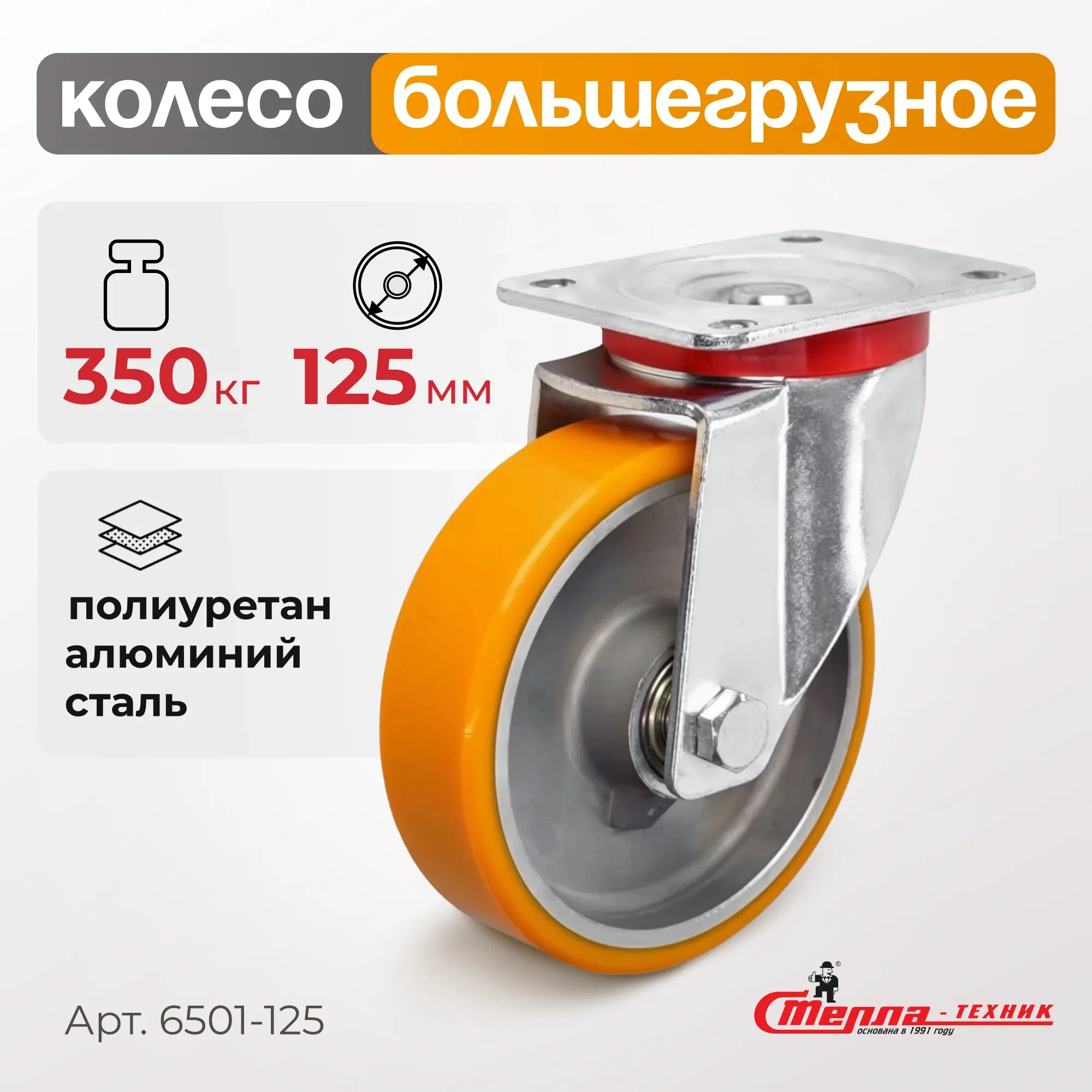 Большегрузное полиуретановое колесо поворотное Стелла-техник 6501-125 (125 мм, 350 кг, с площадкой, обод алюминий)