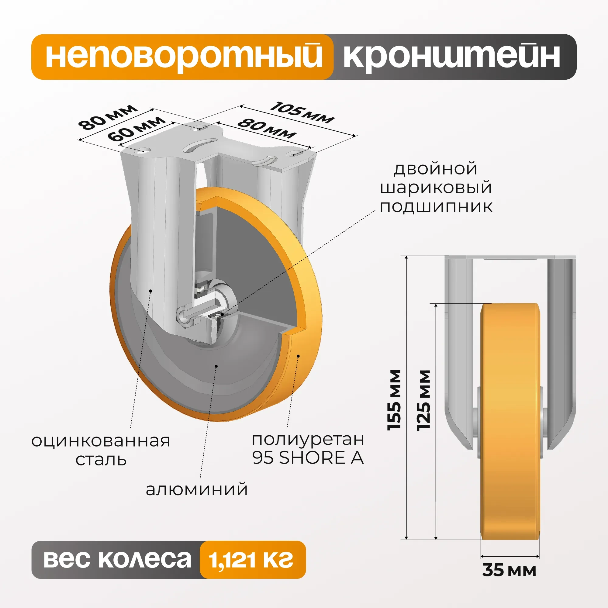 Большегрузное полиуретановое колесо неповоротное Стелла-техник 6502-125 (125 мм, 350 кг, с площадкой, обод алюминий)