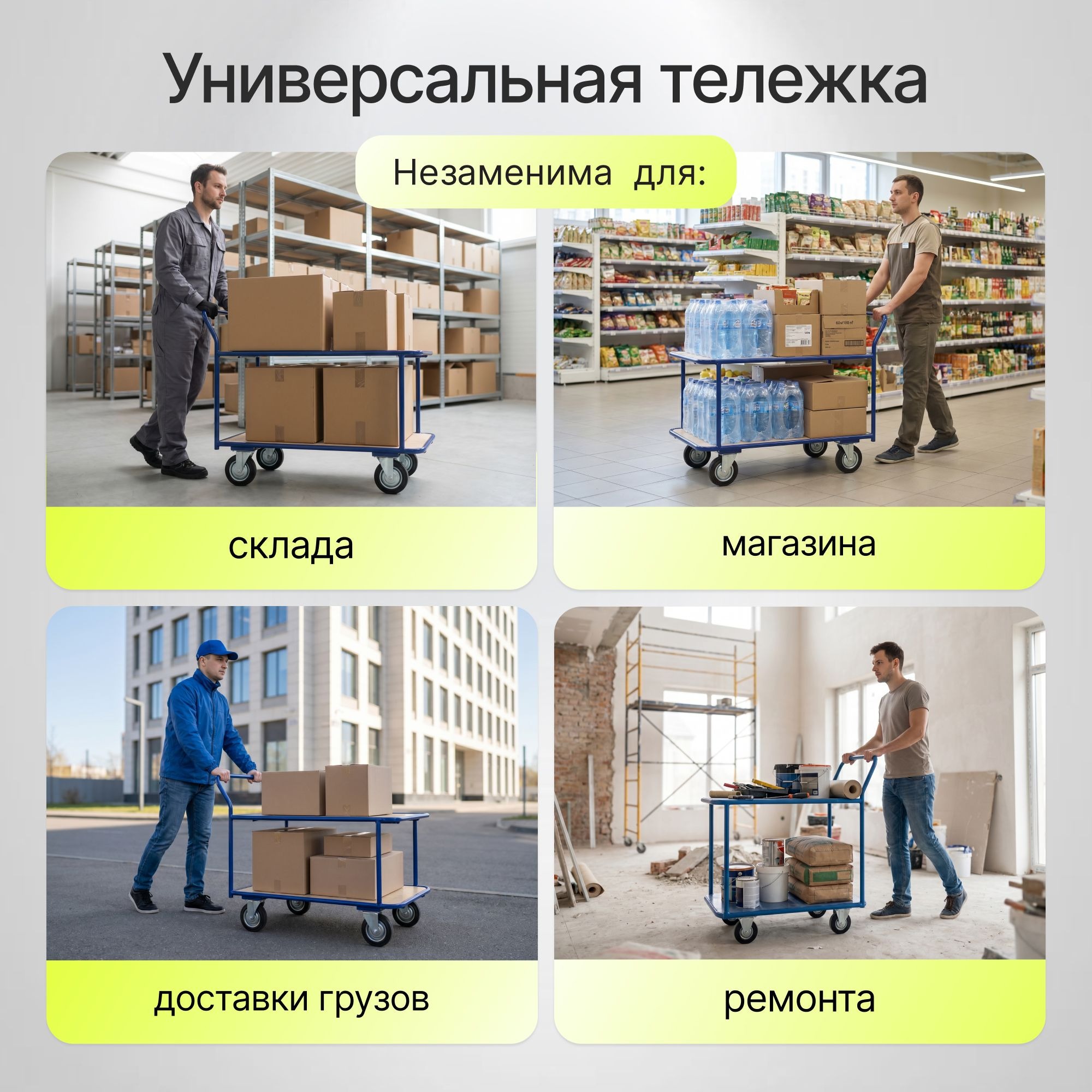 Тележка двухъярусная с фанерой Стелла-техник КП-2-Ф-5-8-200-К (500х800 мм, до 550 кг, колеса 200 мм, черная резина, стандартные)