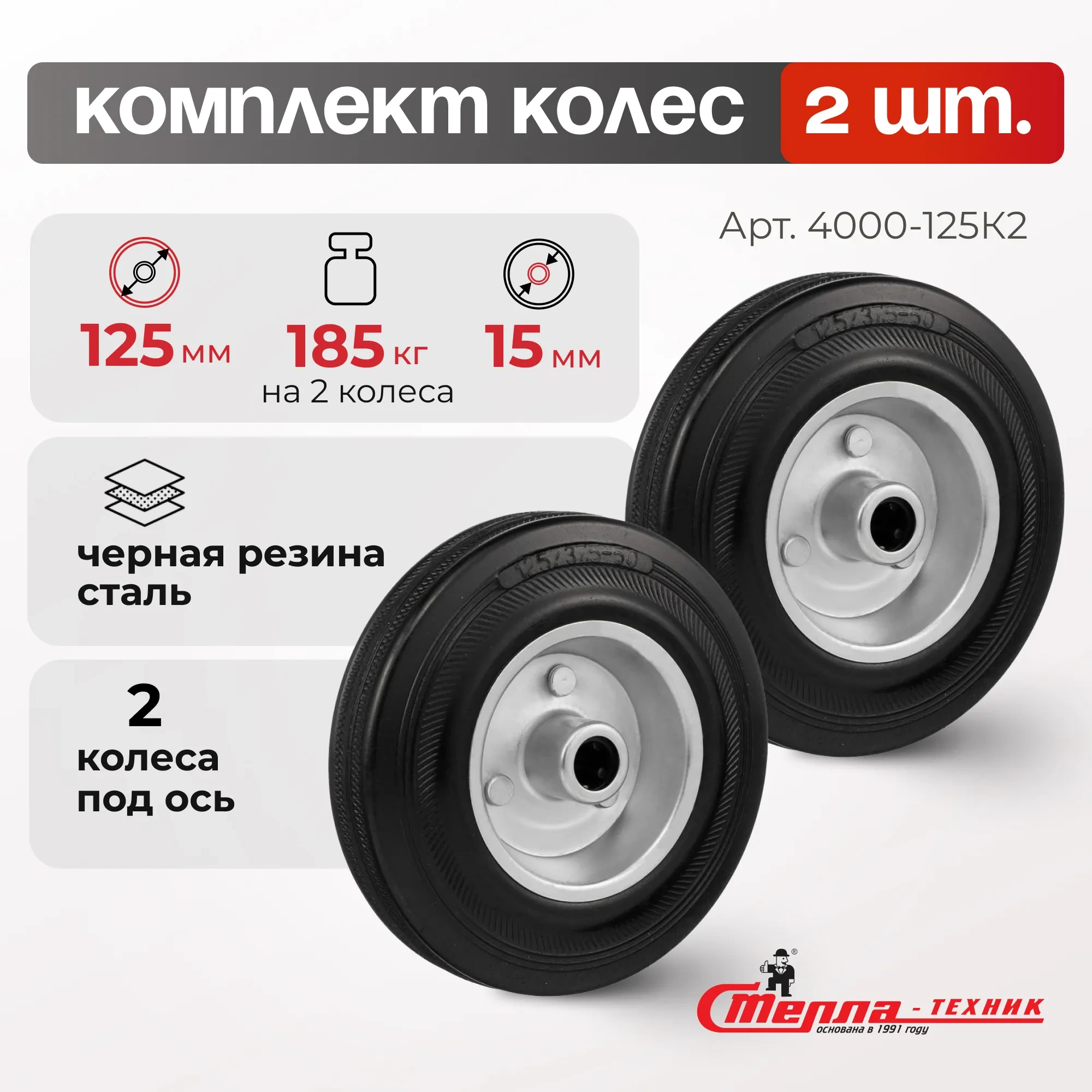 Комплект промышленных колес без опоры (2 шт.) Стелла-техник 4000-125K2 (125 мм, 100 кг, под ось 15, черная резина/сталь)