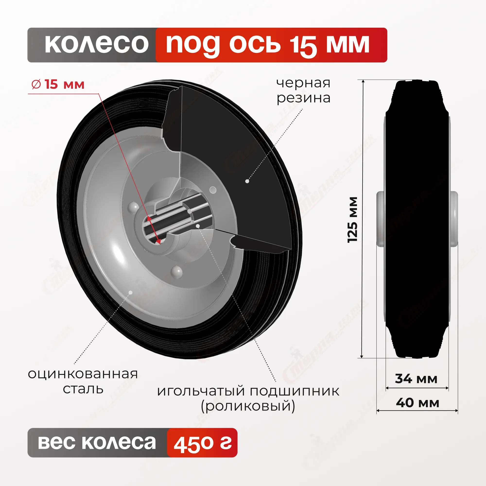 Комплект промышленных колес без опоры (2 шт.) Стелла-техник 4000-125K2 (125 мм, 100 кг, под ось 15, черная резина/сталь)