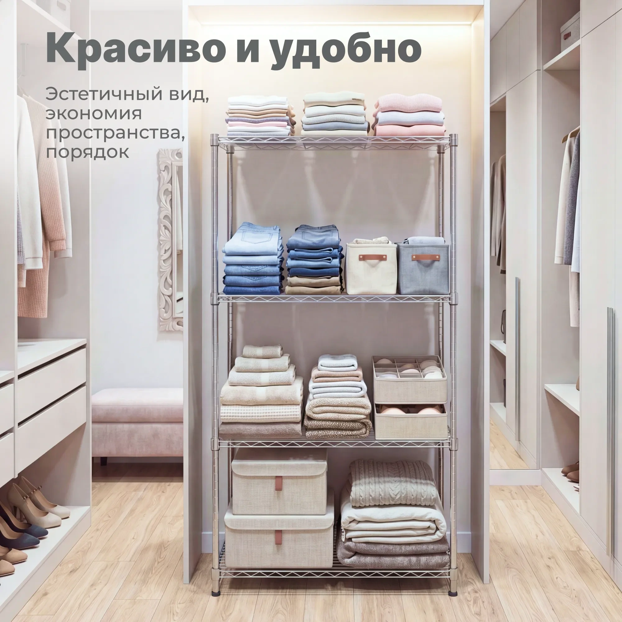 Стеллаж сетчатый Стелла-техник ВРС7535150П4Х (750x350х1500 мм, цвет хром, 4 полки)