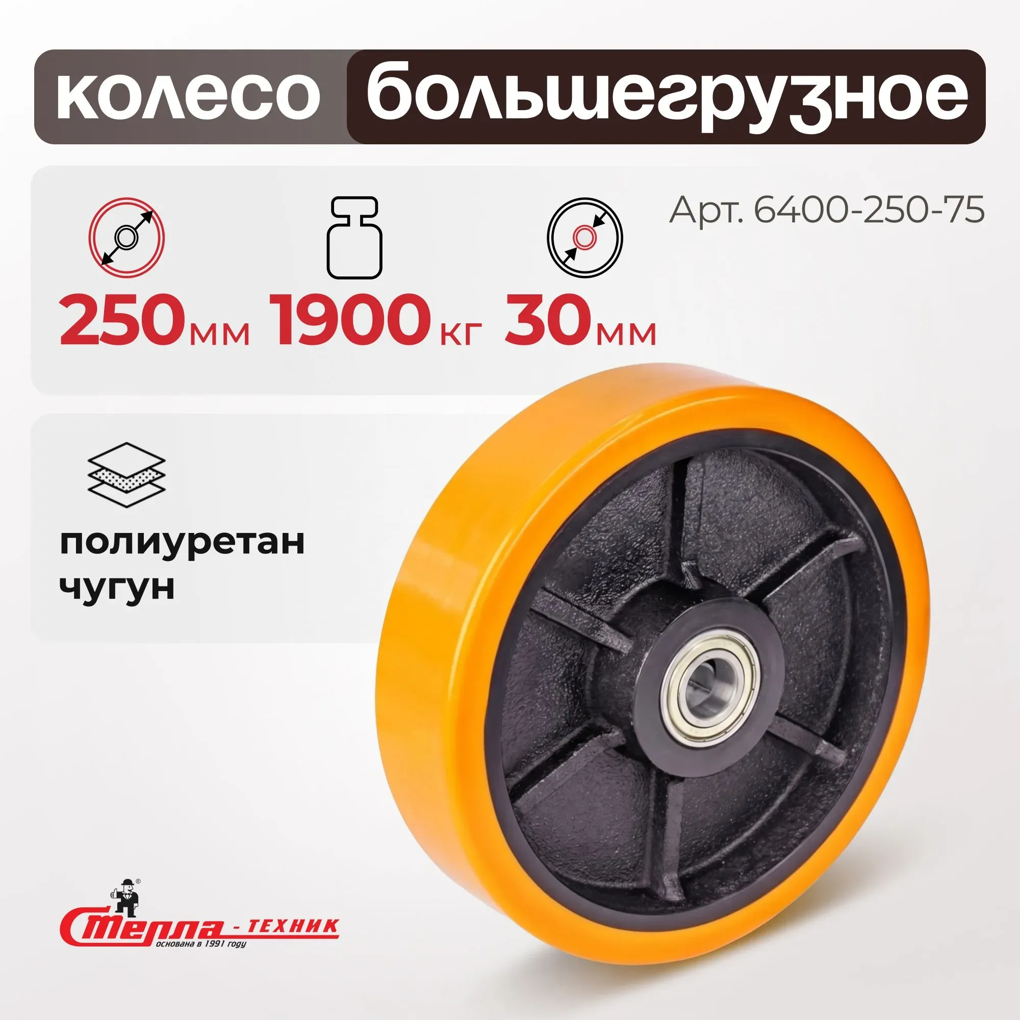 Большегрузное полиуретановое колесо без опоры 250 мм Стелла-техник 6400-250-75