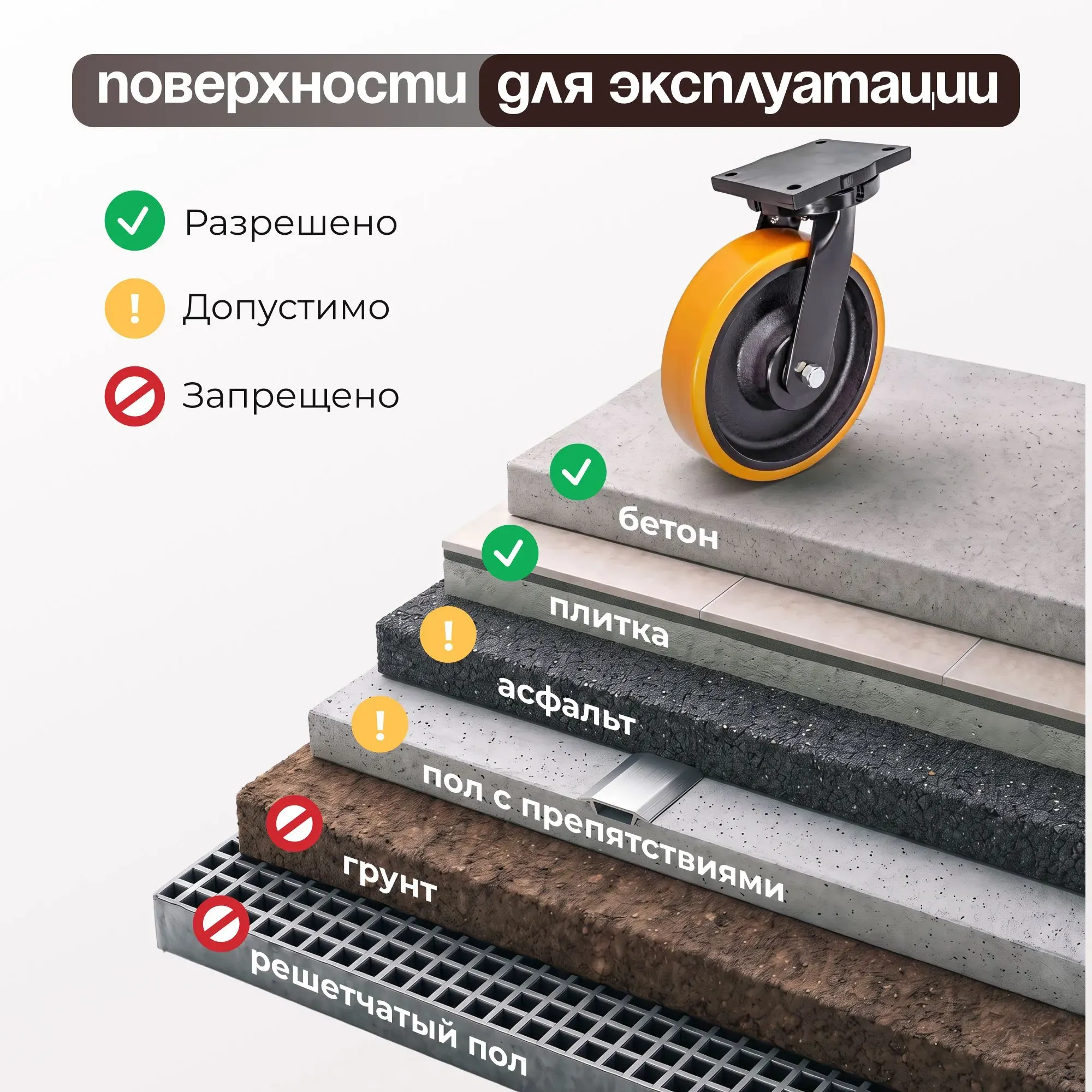 Сверхбольшегрузное полиуретановое колесо поворотное Стелла-техник 8401-300-75 (300 мм, 2300 кг, с площадкой, обод из чугуна)