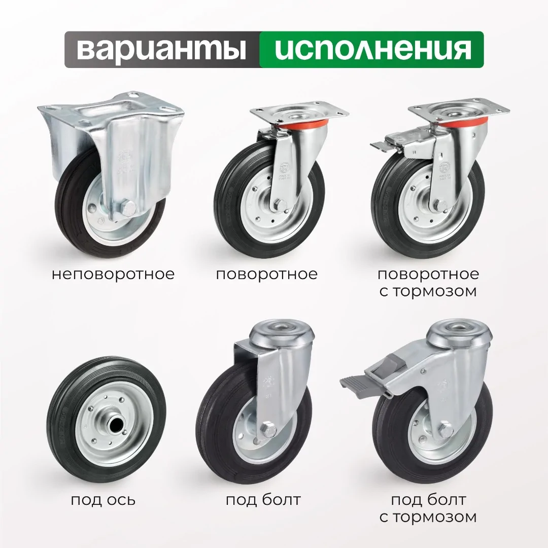 Колесо (200 мм, 230 кг) промышленное неповоротное Tellure Rota, черная резина, сталь