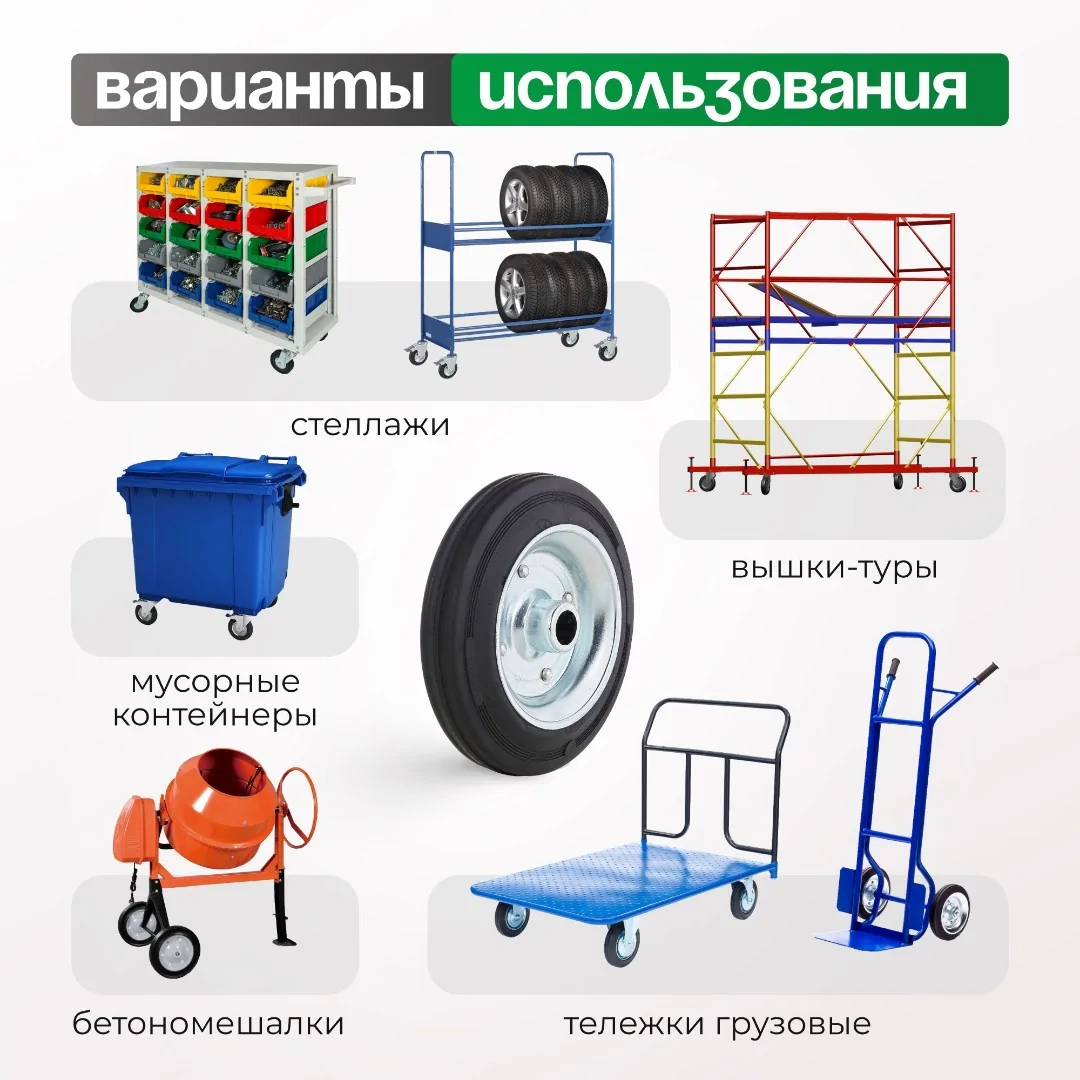 Колесо (200 мм, 230 кг) промышленное неповоротное Tellure Rota, черная резина, сталь