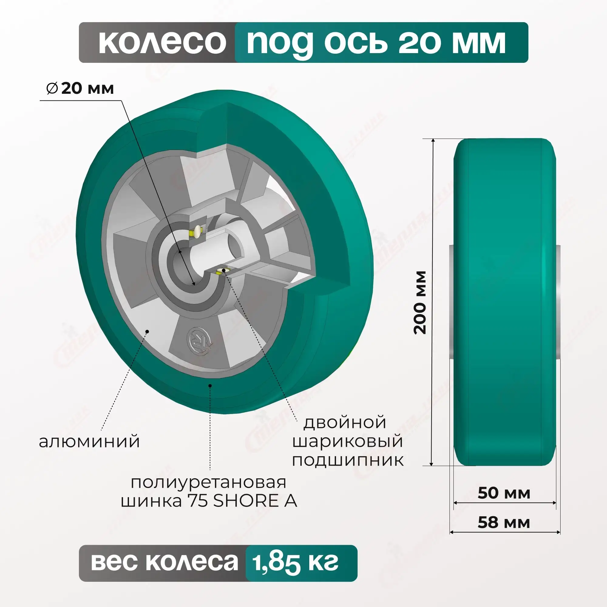 Колесо большегрузное полиуретановое (200 мм; 700 кг; ось 20 мм) Tellure Rota