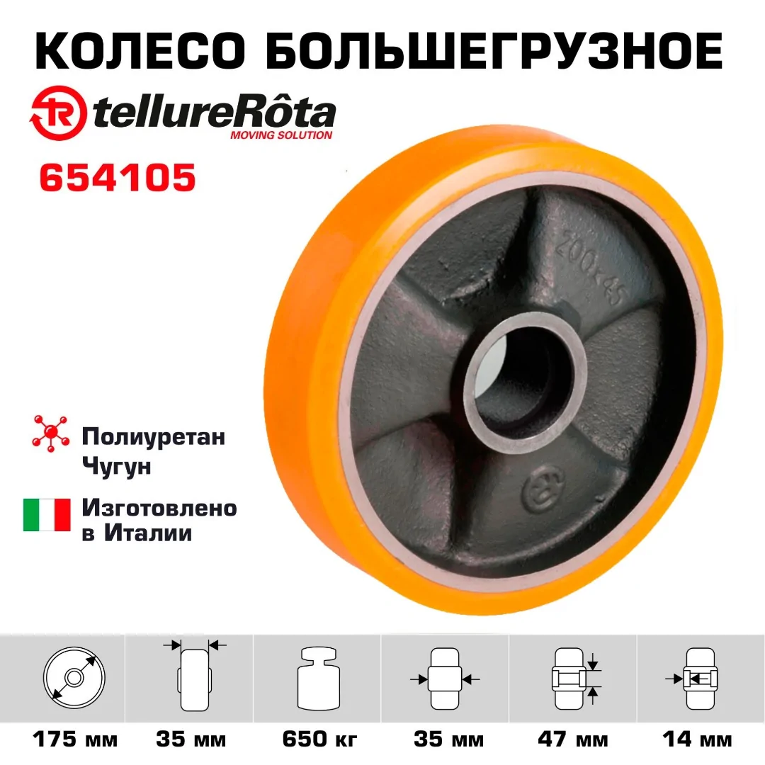 Колесо большегрузное полиуретановое (175 мм; 650 кг) без подшипника, под ось, полиуретан / чугун