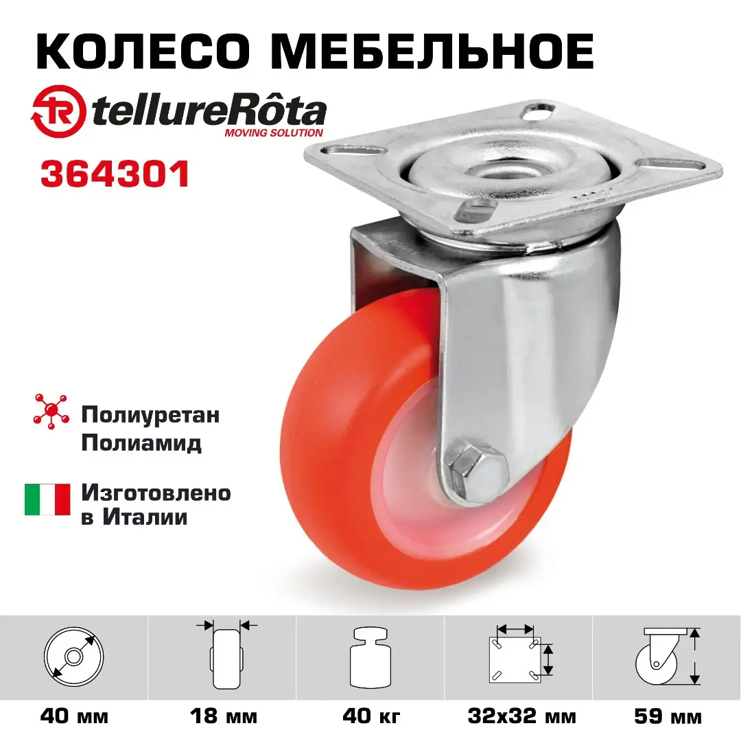 Колесо поворотное мебельное (40 мм, 40 кг) Tellure Rota