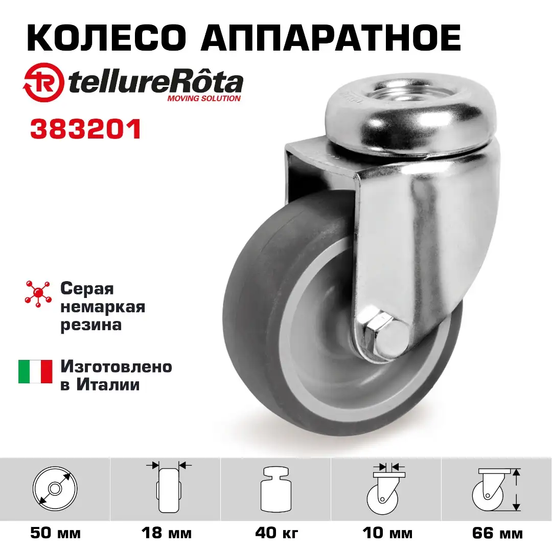 Колесо аппаратное (50 мм; 40 кг) поворотное Tellure Rota, серая резина, сталь