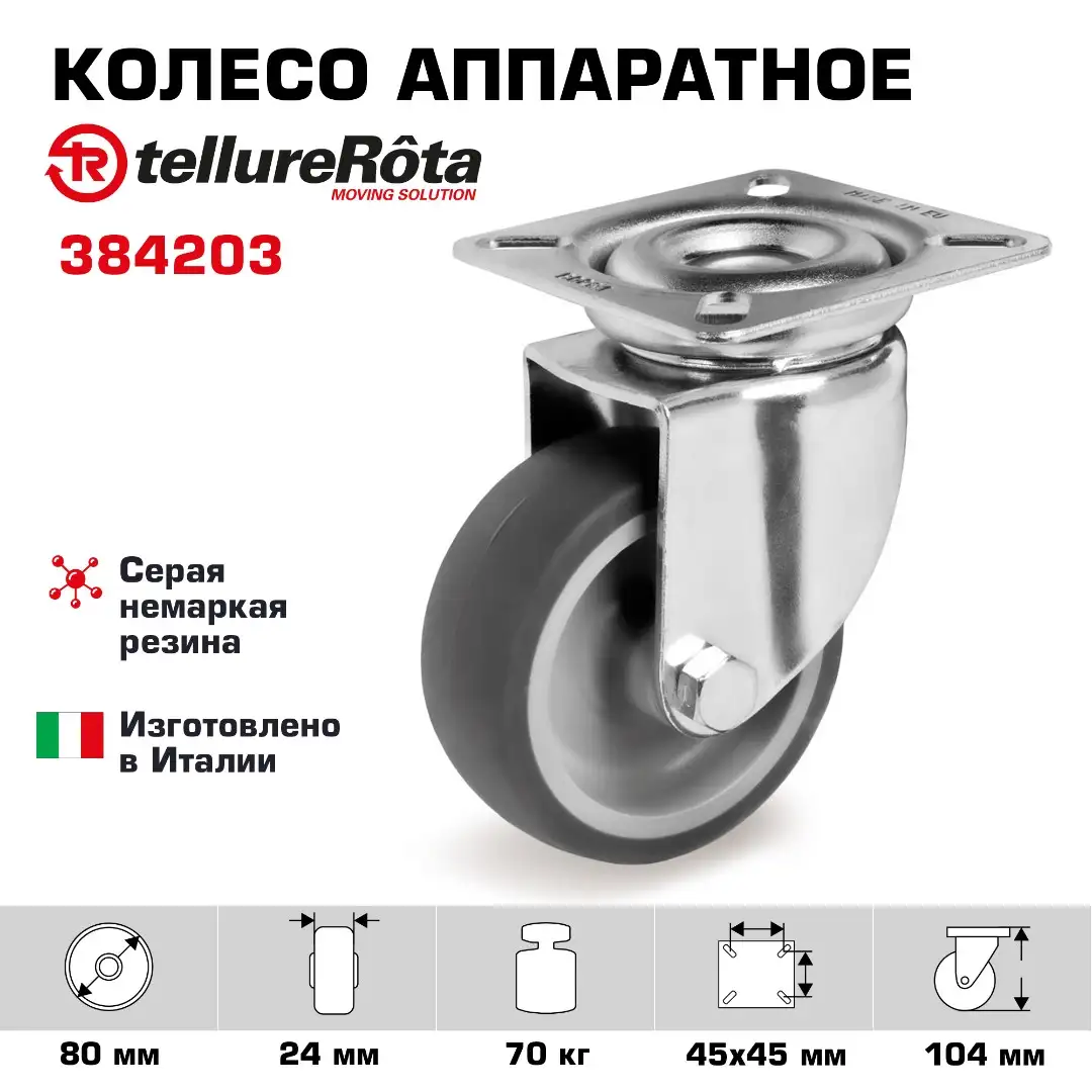Колесо аппаратное поворотное Tellure Rota 384203 (80 мм, 70 кг, с площадкой, серая резина/пластик)